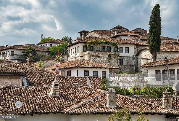 Ottoman style houses at Castle hill in Berat, UNESCO World Heritage Site, Albania.